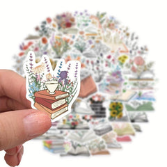 50pcs Book Flowers Vinyl Stickers Laptop Decor Waterproof Cartoon