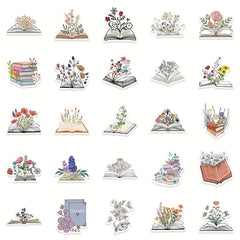 50pcs Book Flowers Vinyl Stickers Laptop Decor Waterproof Cartoon