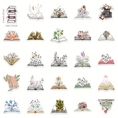 50pcs Book Flowers Vinyl Stickers Laptop Decor Waterproof Cartoon