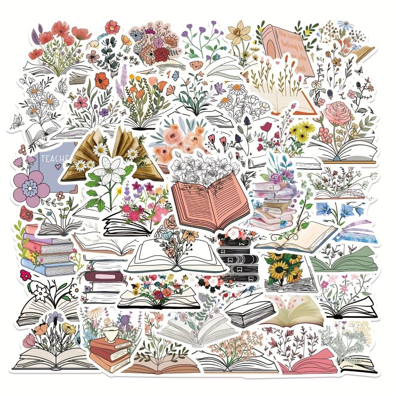 50pcs Book Flowers Vinyl Stickers Laptop Decor Waterproof Cartoon