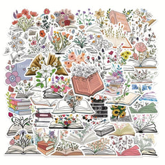 50pcs Book Flowers Vinyl Stickers Laptop Decor Waterproof Cartoon