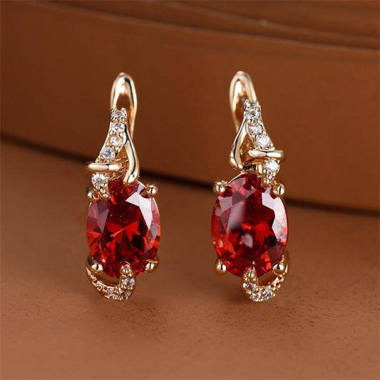 Golden Oval Cut Red Pink Stone Drop Earrings Anniversary Claw Jewelry