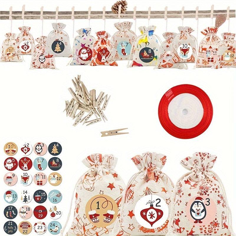 Christmas DIY Countdown Advent Calendar Fabric Gift Bags Set 24pcs