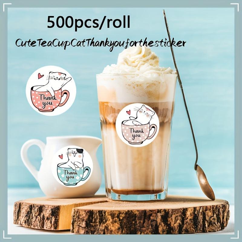 500pcs Cartoon Coffee Cup Thank You Stickers Roll