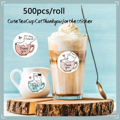 500pcs Cartoon Coffee Cup Thank You Stickers Roll