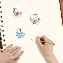500pcs Cartoon Coffee Cup Thank You Stickers Roll
