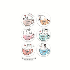 500pcs Cartoon Coffee Cup Thank You Stickers Roll