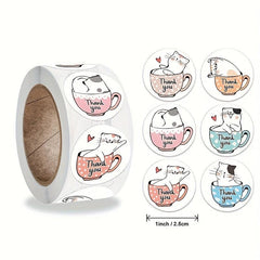 500pcs Cartoon Coffee Cup Thank You Stickers Roll