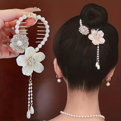 Camellia Tassel Head Ponytail Clip Hairpin