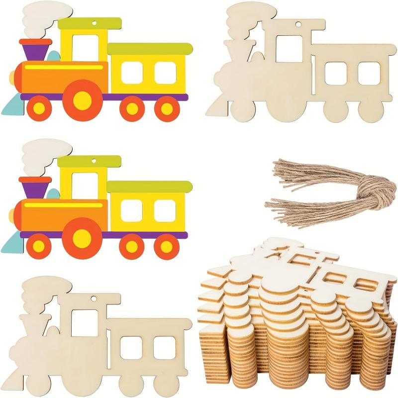 10pcs Train Wood Ornaments Natural Slices for DIY Crafts