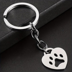 Heart shaped Bear Paw Print Pendant Keychain Stainless Steel Gift