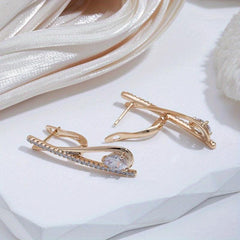 Water Drop Zircon Long Drop Earrings Golden Jewelry Stone Clip Earrings