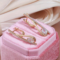 Water Drop Zircon Long Drop Earrings Golden Jewelry Stone Clip Earrings
