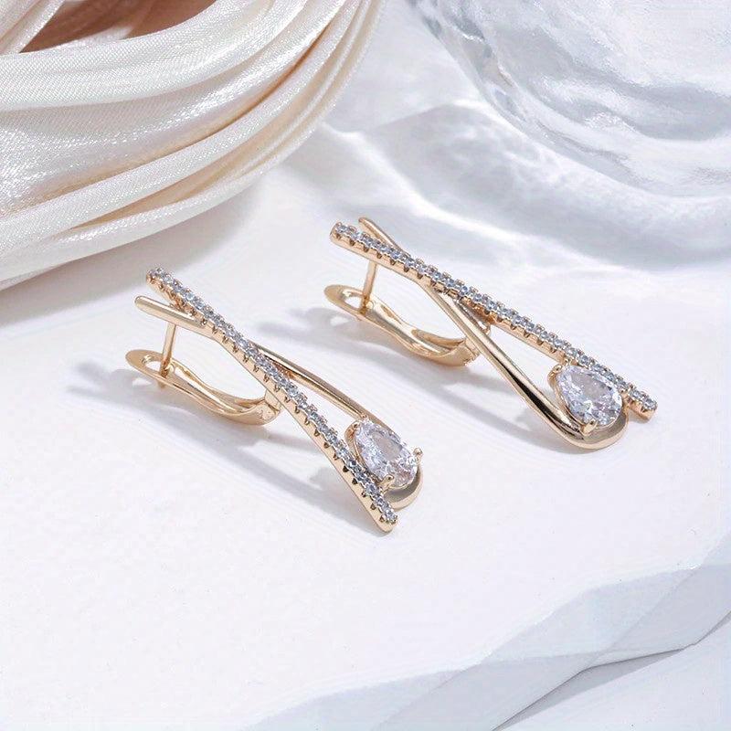 Water Drop Zircon Long Drop Earrings Golden Jewelry Stone Clip Earrings