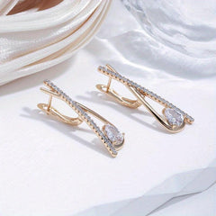 Water Drop Zircon Long Drop Earrings Golden Jewelry Stone Clip Earrings