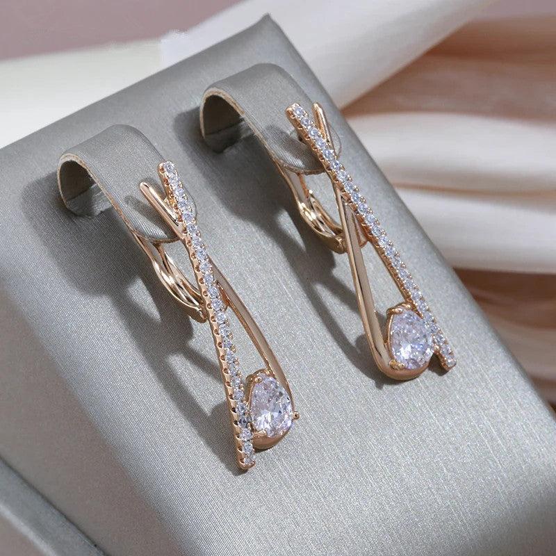 Water Drop Zircon Long Drop Earrings Golden Jewelry Stone Clip Earrings