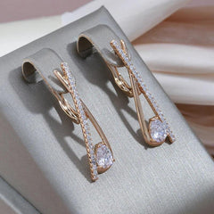 Water Drop Zircon Long Drop Earrings Golden Jewelry Stone Clip Earrings