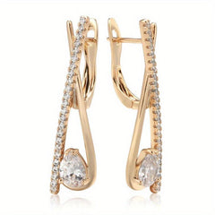 Water Drop Zircon Long Drop Earrings Golden Jewelry Stone Clip Earrings