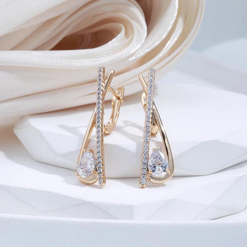 Water Drop Zircon Long Drop Earrings Golden Jewelry Stone Clip Earrings