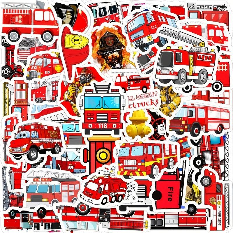 50pcs Cartoon Fire Truck Stickers for Water Bottle Computer Notebook Luggage
