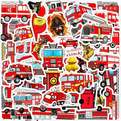50pcs Cartoon Fire Truck Stickers for Water Bottle Computer Notebook Luggage