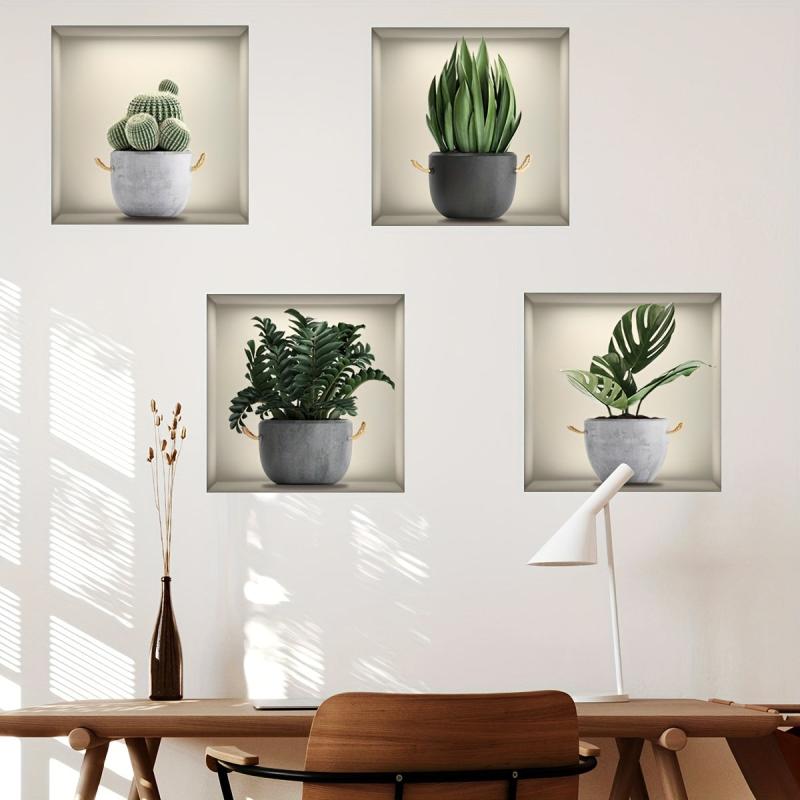 Green Plant Wall Stickers for Home Decor - Set of 4