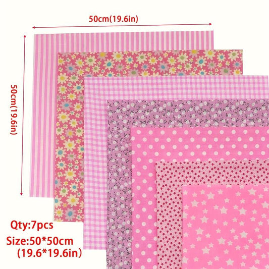 7pcs Pink Cotton Fabric Floral Patchwork Square Bundles For Sewing DIY Crafts