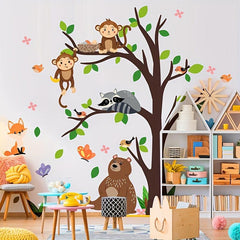 Large Tree Monkey Brown Bear Fox Butterfly Bird House Wall Sticker