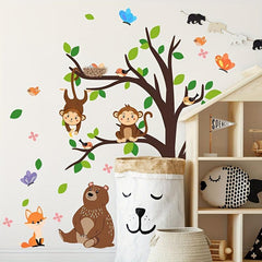Large Tree Monkey Brown Bear Fox Butterfly Bird House Wall Sticker