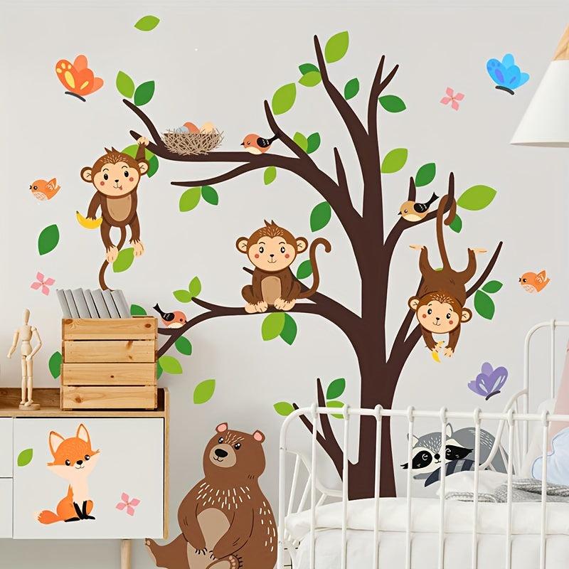 Large Tree Monkey Brown Bear Fox Butterfly Bird House Wall Sticker