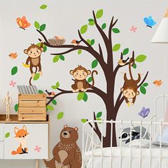 Large Tree Monkey Brown Bear Fox Butterfly Bird House Wall Sticker