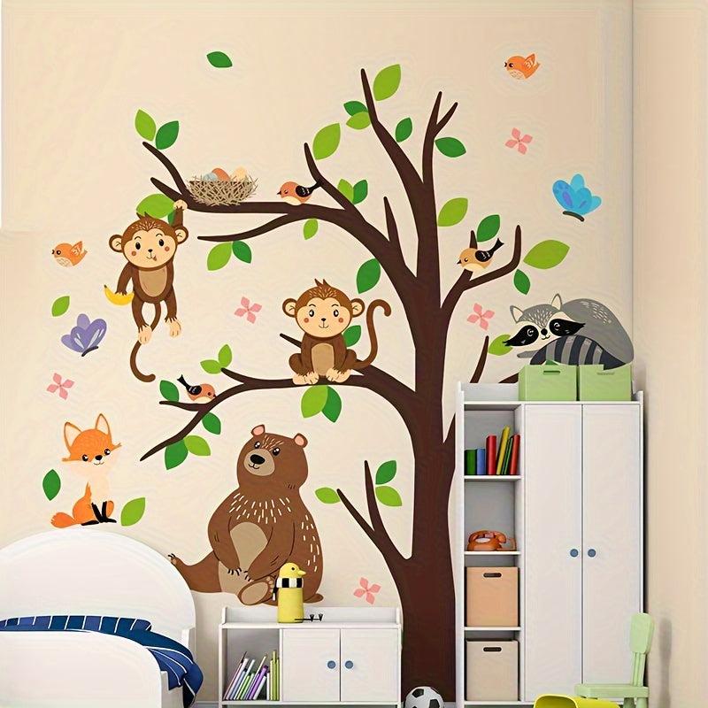 Large Tree Monkey Brown Bear Fox Butterfly Bird House Wall Sticker