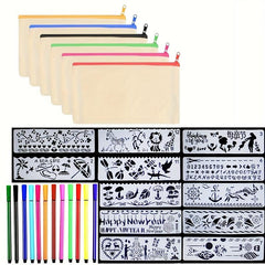DIY Cloth Pencil Cases Set with Colored Pencils and Drawing Templates