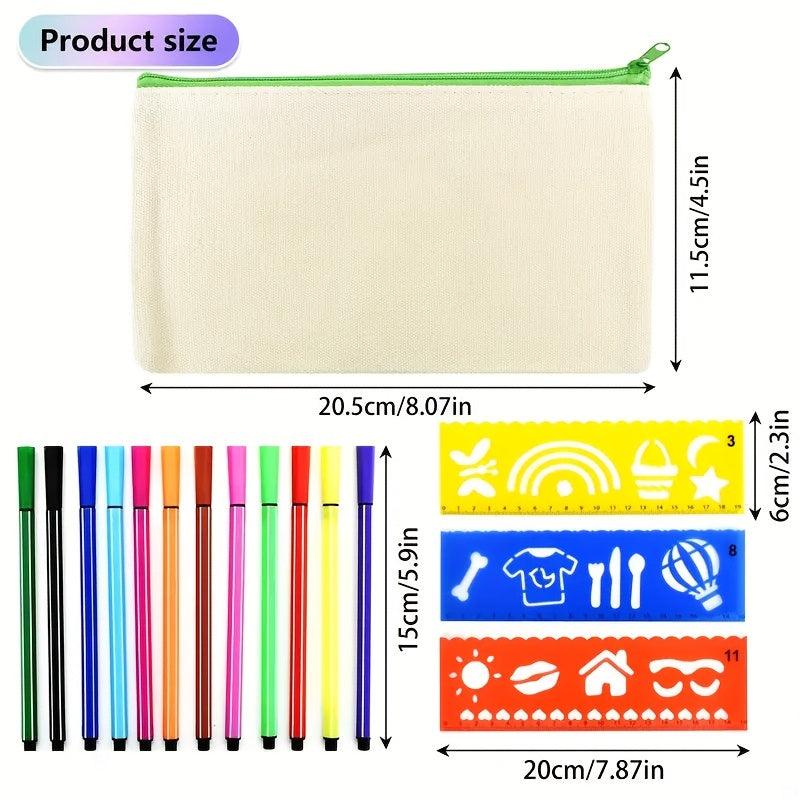 DIY Cloth Pencil Cases Set with Colored Pencils and Drawing Templates