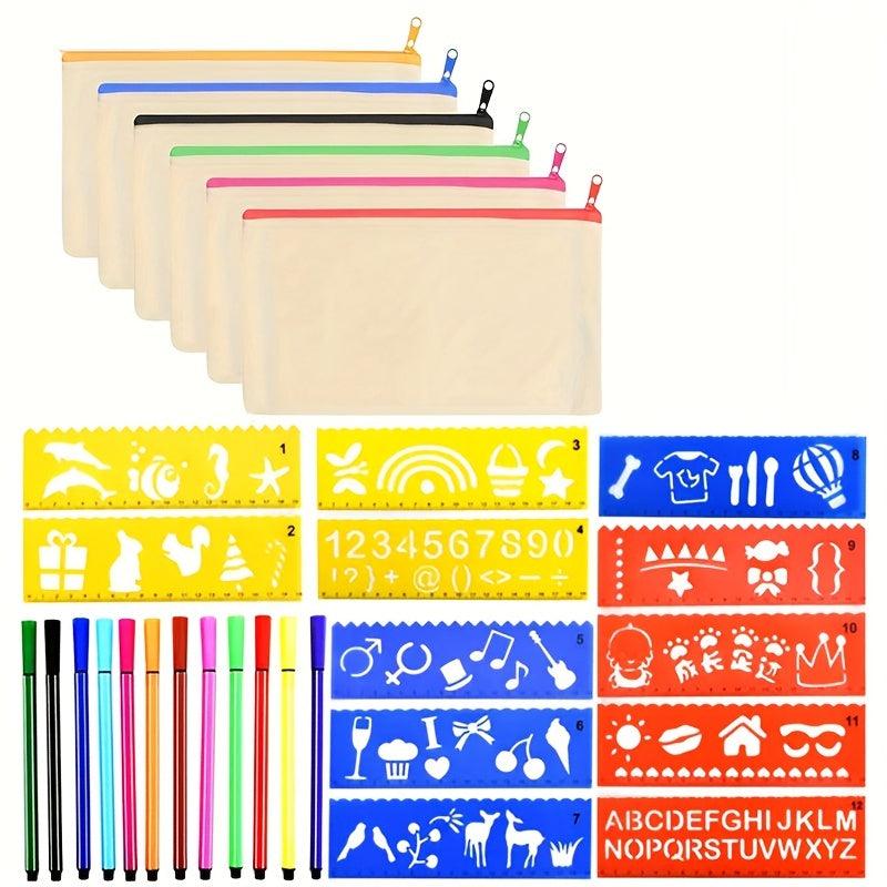 DIY Cloth Pencil Cases Set with Colored Pencils and Drawing Templates