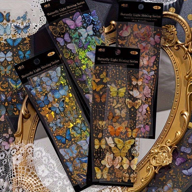 1pc PET 3D Hot Stamping Flat Sticker Butterfly Sparkle Series Retro Butterfly