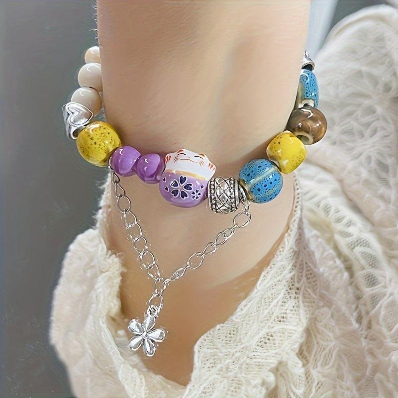 Lucky Cat Beaded Ceramic Bracelet Gift for Friends