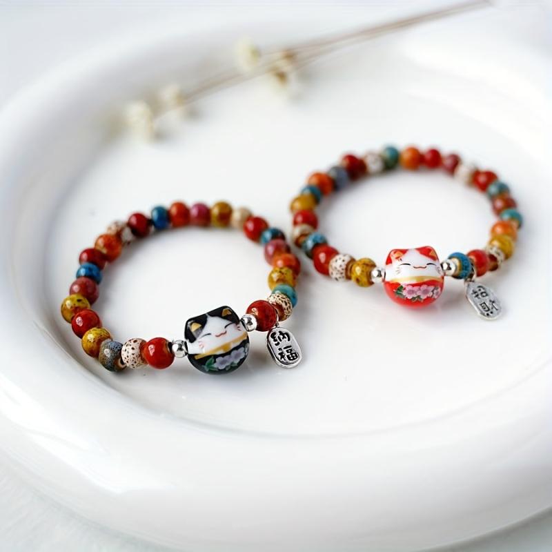 Lucky Cat Beaded Ceramic Bracelet Gift for Friends