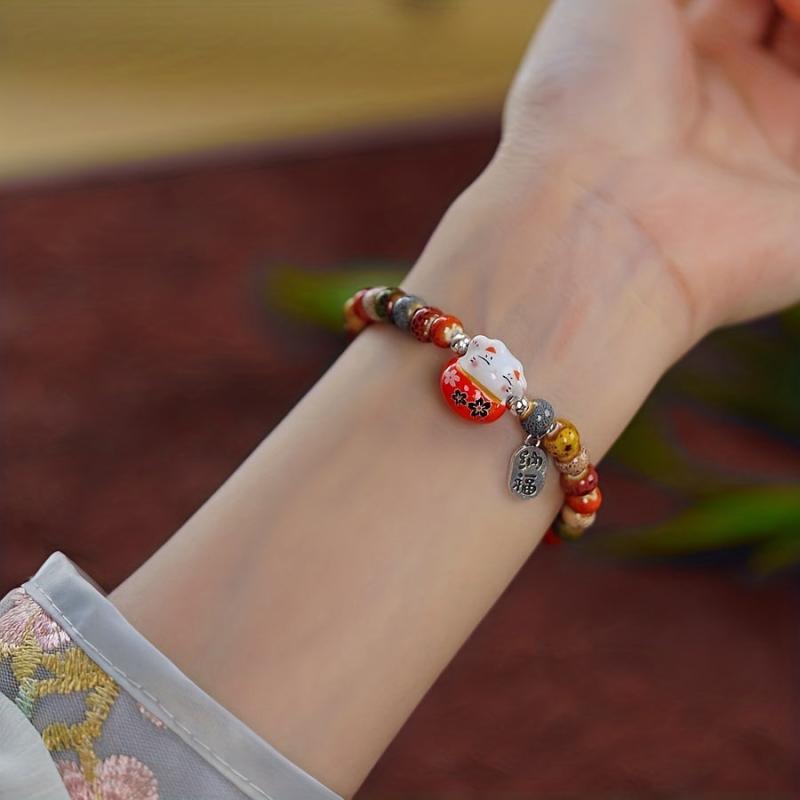 Lucky Cat Beaded Ceramic Bracelet Gift for Friends