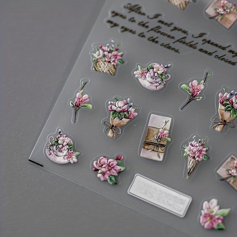 5D Embossed Flower Nail Art Sticker Decals - 1 Sheet