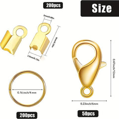 Jewelry Making Accessory Set: 50 Lobster Clasps, 200 Cord Tips, 200 Jump Rings