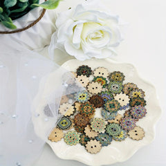 50pcs Vintage Wooden Mixed Pattern Painted Buttons 2 Hole Flat Flower Shaped