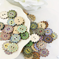 50pcs Vintage Wooden Mixed Pattern Painted Buttons 2 Hole Flat Flower Shaped