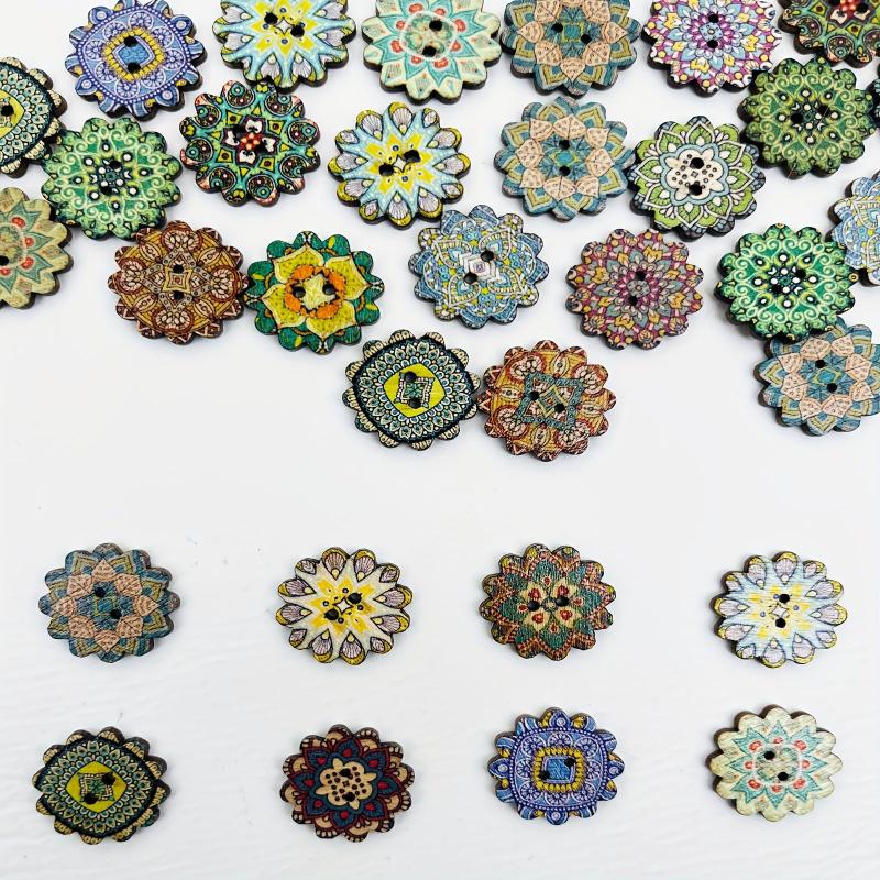 50pcs Vintage Wooden Mixed Pattern Painted Buttons 2 Hole Flat Flower Shaped