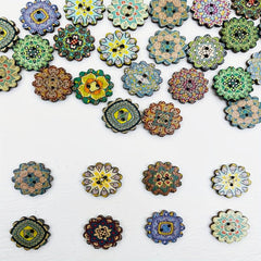 50pcs Vintage Wooden Mixed Pattern Painted Buttons 2 Hole Flat Flower Shaped