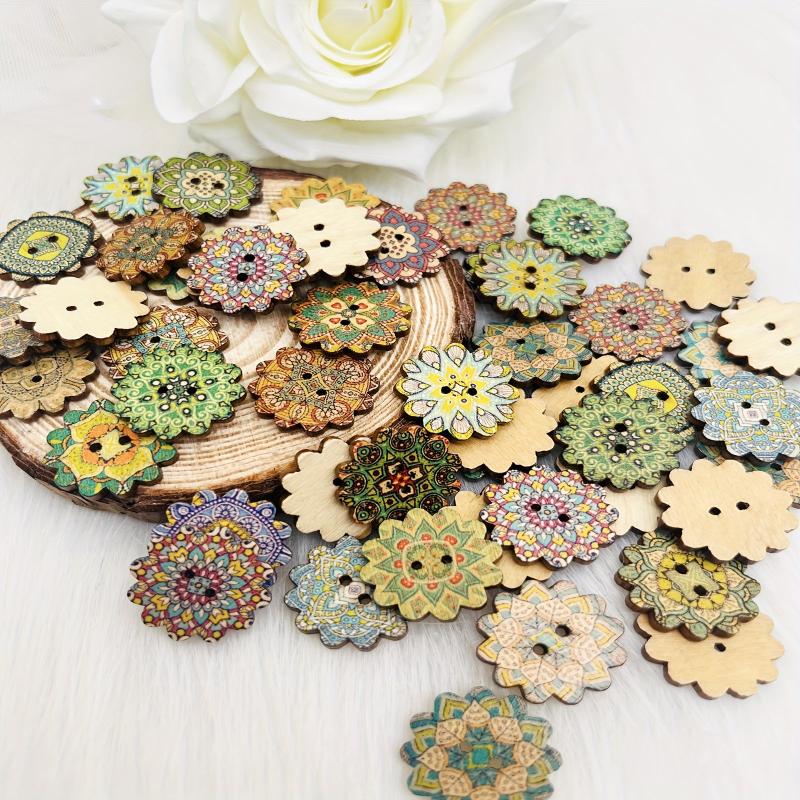 50pcs Vintage Wooden Mixed Pattern Painted Buttons 2 Hole Flat Flower Shaped
