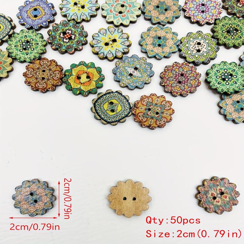 50pcs Vintage Wooden Mixed Pattern Painted Buttons 2 Hole Flat Flower Shaped