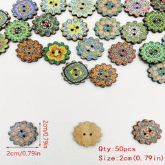 50pcs Vintage Wooden Mixed Pattern Painted Buttons 2 Hole Flat Flower Shaped