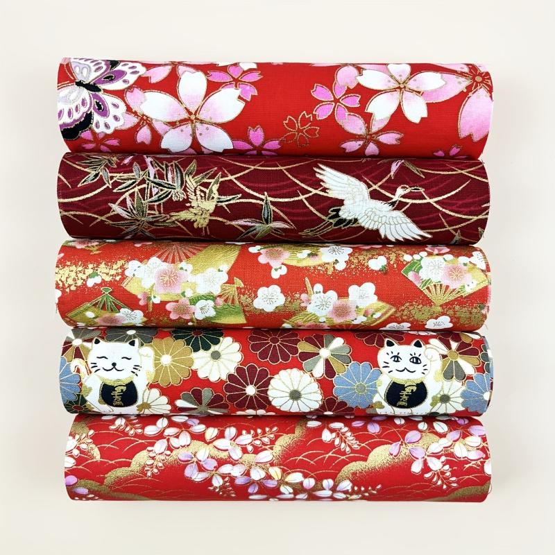5pcs Red Cotton Printed Quarter Quilted Fabric Bundle for DIY Sewing