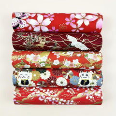 5pcs Red Cotton Printed Quarter Quilted Fabric Bundle for DIY Sewing